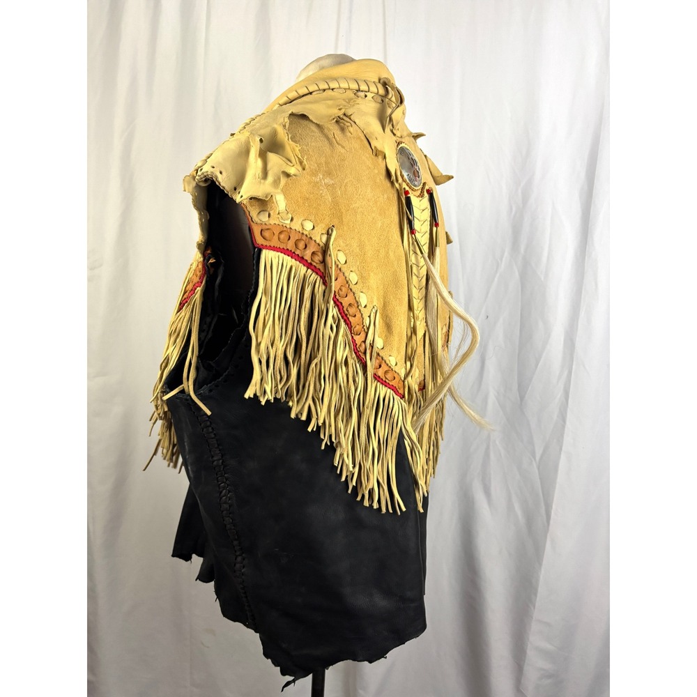 Vintage Leather Fringe Cape Vest Fort Grizzly Concho Western Boho Medium Rare - Picture 12 of 16